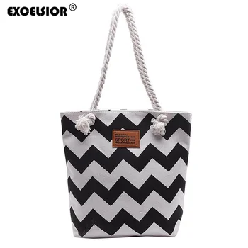 

EXCELSIOR Canvas Striped Female Bag Wave Large Capacity Bucket Bag Large Rope Shoulder Bag Mommy Lunch Bag