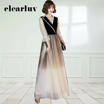 

Patchwork A-Line Evening Dress DR436 Three Quarter Sleeve Formal Party Gown Gradient Crepe Robe De Soiree V-Neck Long Dresses