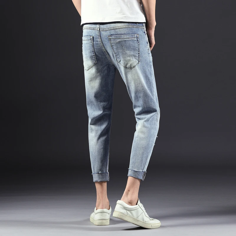Hot Product Spring and Autumn New Retro Hole Jeans Men Ankle-Length Pants Cotton Denim Trouser Male Plus Size Skinny Stretch High Quality