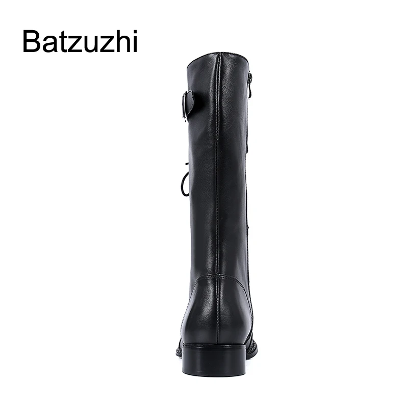 Batzuzhi Men's Boots Western Cowboy Pointed Toe Black Genuine Leather Medium Calf Boots Men Motorcycle Lace-up Buckles, EU38-46