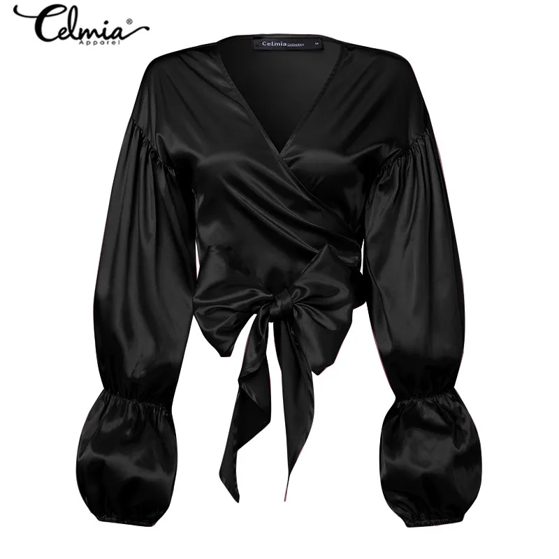 Celmia Summer Satin Blouse Women's V-neck Sexy Bow Tie Lantern Sleeve Elegant Shirts Slik Tunic Top Casual Solid Office Blusas 7 - 4.00062E+12