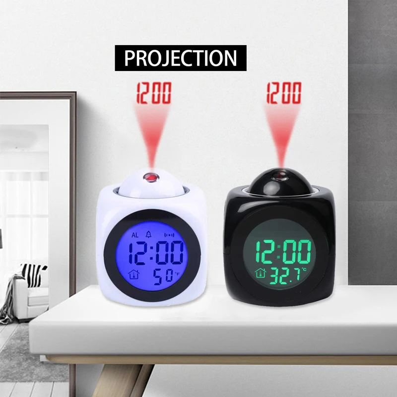 Cube Voice Control Wooden Clock Digital LED Desk Table Alarm Clock Thermometer USB Projection LED D