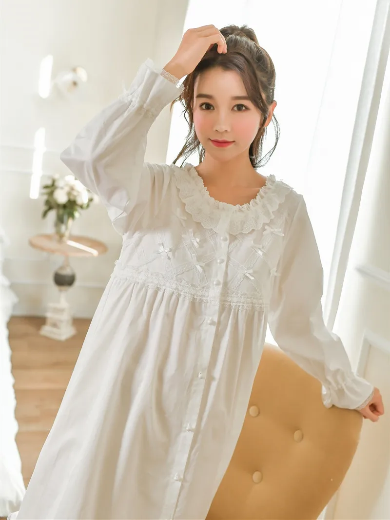 Весенне-осенние белые мягкие хлопковые женские длинные ночные рубашки с длинными рукавами, ночная рубашка в винтажном стиле для девочек, домашняя одежда
