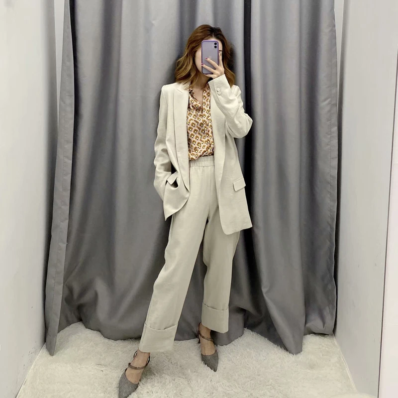 2020 Spring Autumn Office Lady Two Pieces Sets Women's Elegant Blazer Jacket Tops And Elastic Pants Suit Casual Trousers Female