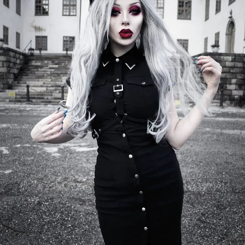 Ретро темное Платье женское готическое панк лоскутное с карманами тонкое платье