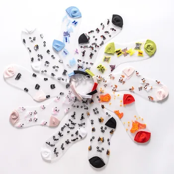 

YEADU Lace Women Socks Transparent Crystal Silk Fox Cat Transparent Butterfly Comfy Sheer Spring Summer Invisible Ankle Sock