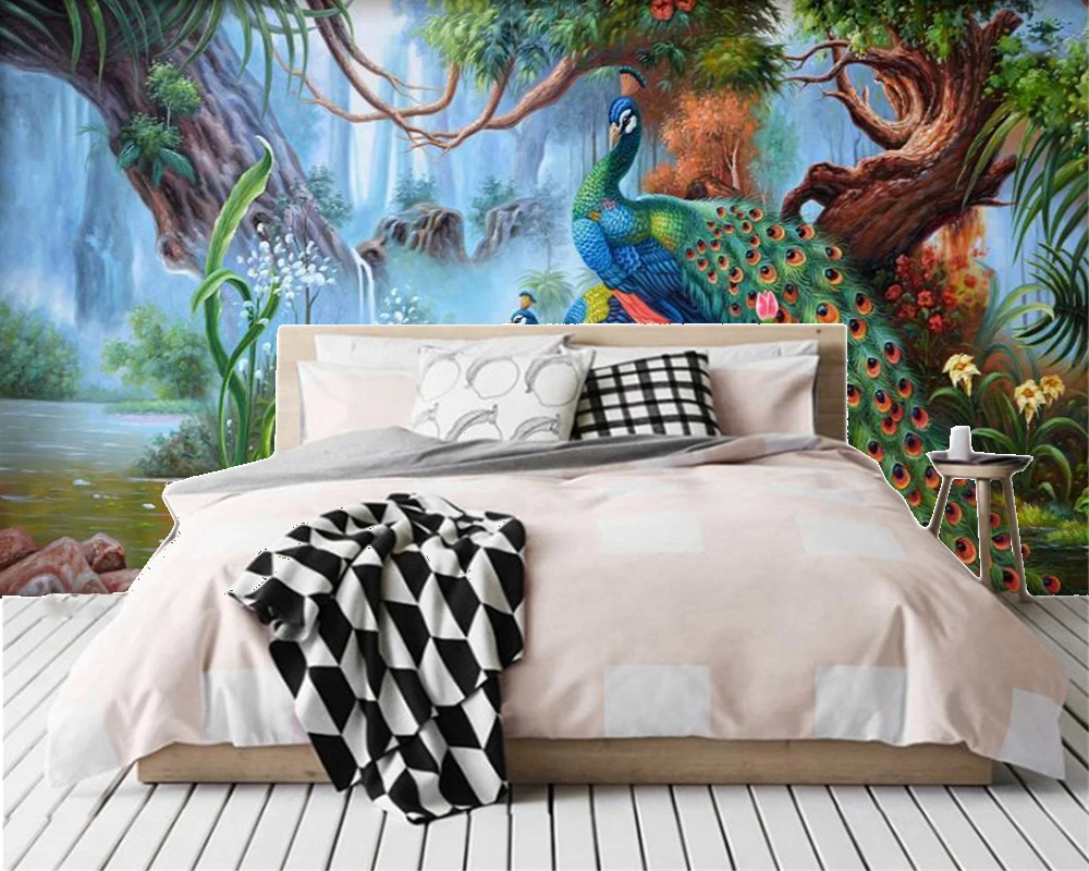 3d Bedroom Wallpaper Fantasy Forest Creek Couple Peacock Living Room Bedroom TV Background Wall Wallpaper