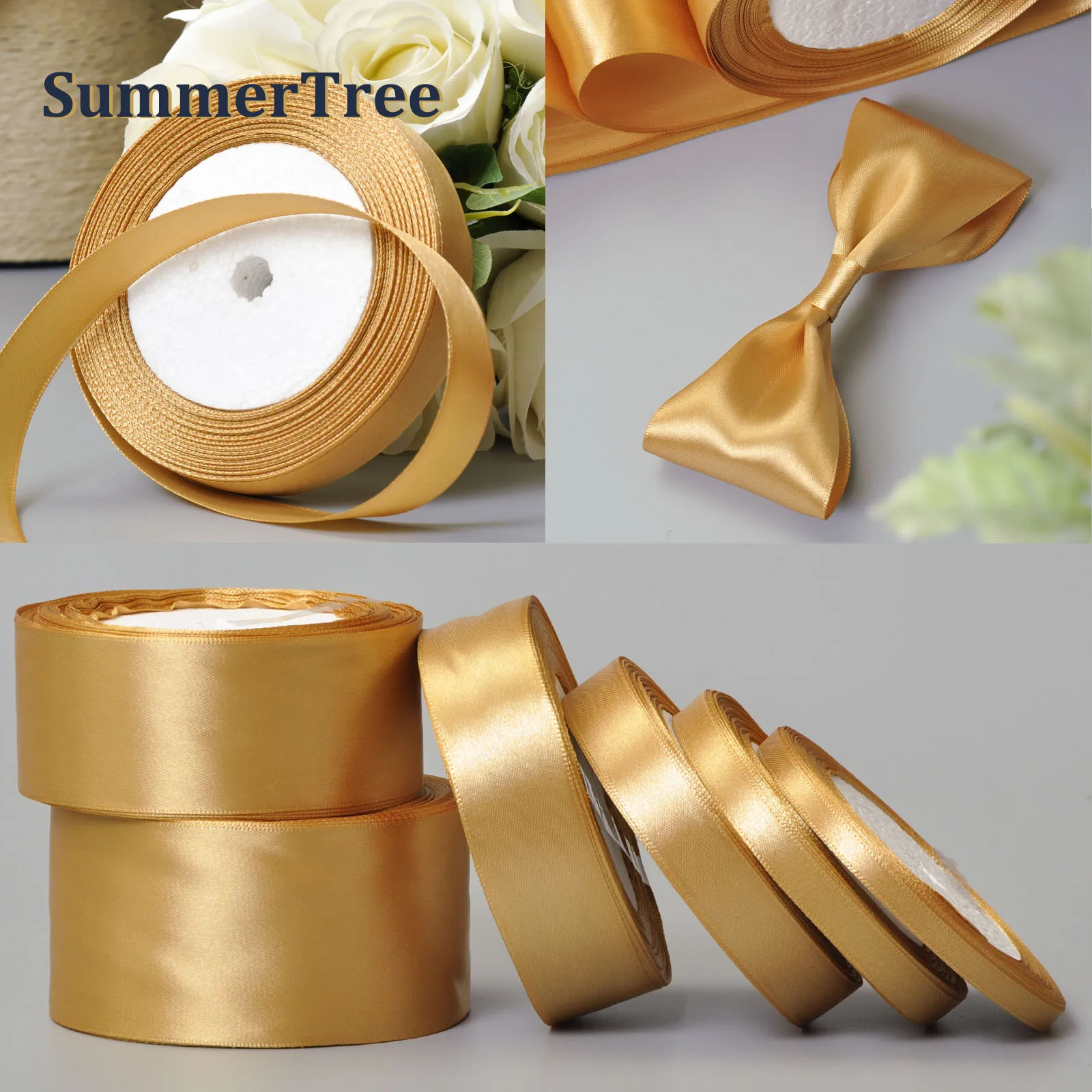 Ribbon Decoration 25 Yards Gold Silk Satin Ribbon Gift Wrapping Bow Wedding Party Decoration Christmas New Year Apparel Sewing Fabric Ribbon