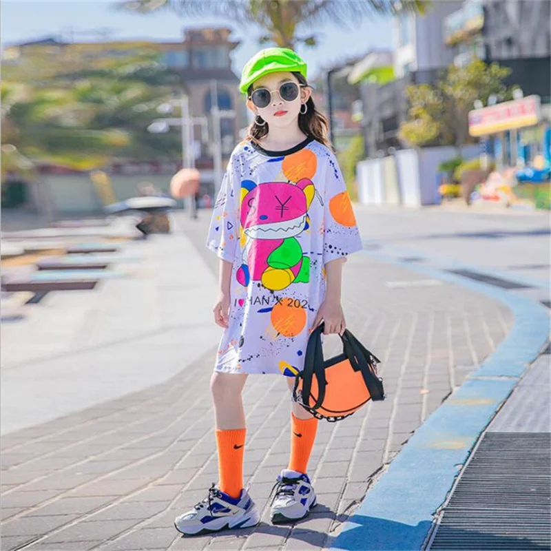 

Teens Girls T-shirt Dress 2023 New Kids Round-neck Cartoon Pattern Print Dresses for Children's Clothing 3-18Y