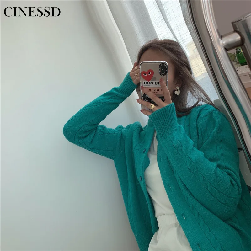 

2020 Autumn Winter Korean Style Solid Color Hemp Pattern round Neck Advanced Color Ladies' Sweater Knitted Cardigan Women