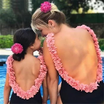 

Mother Daughter Swimsuits Family Matching Clothes Flower Backless Mommy And Me Swimwear Bikini Family Look Beach Swimming Suit