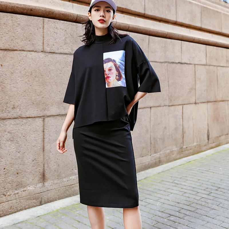 

Autumn New Black Suit 2019 Two-piece Fashion Printed Sanitary Half-skirt Suit Elastic Waist Pullover O-Neck 2 Piece Set Women