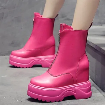 

Women Increased Internal Ankle Boots PU Leather Wedges High Heels Short Boots Fashion Colorful Round Toe Zipper Platform Shoes