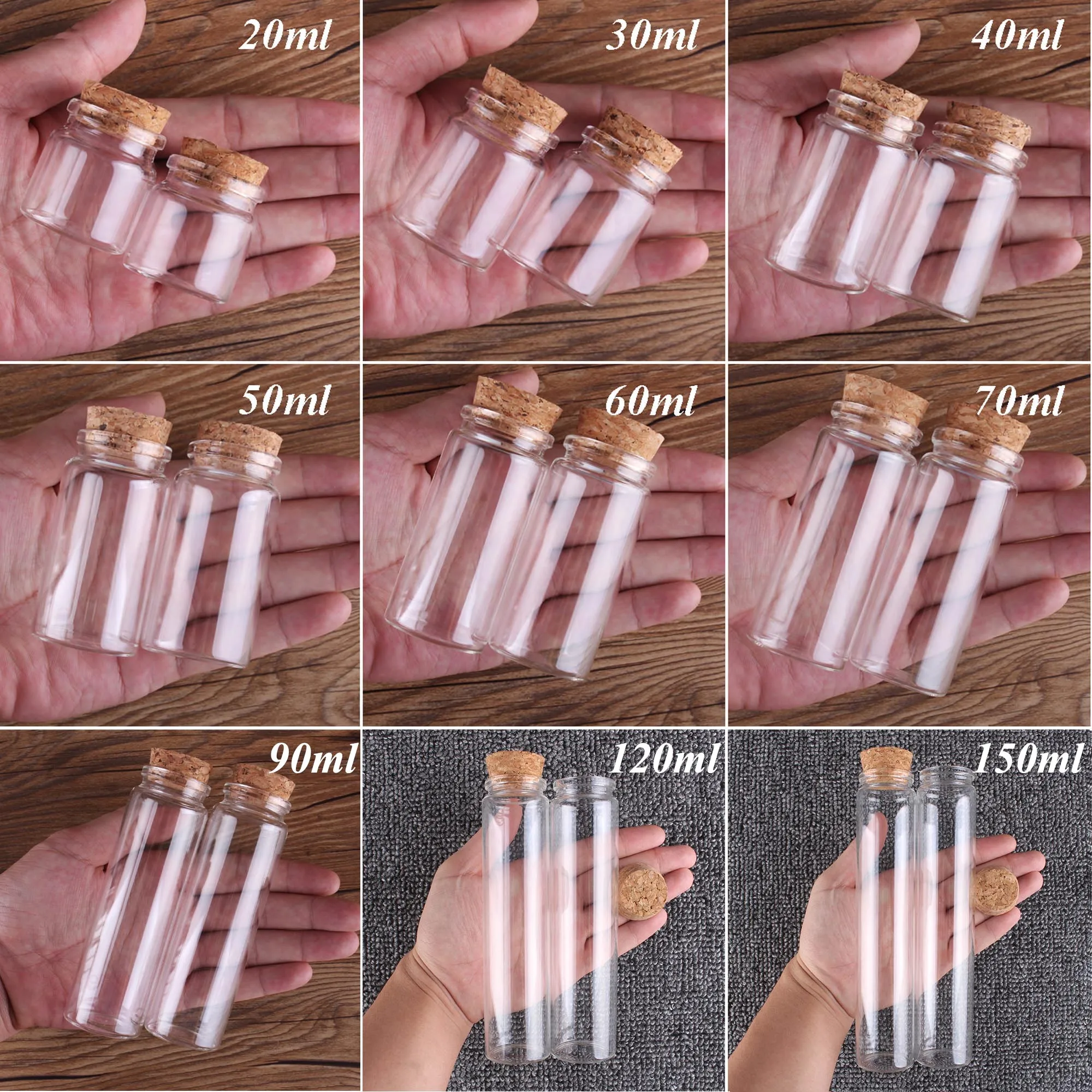 6 Pieces 20ml 30ml 40ml 50ml 60ml 70ml 90ml 120ml 150ml Glass Bottles with Cork Stopper Spice Jars Vials Crafts 7 Sizes U-pick 2