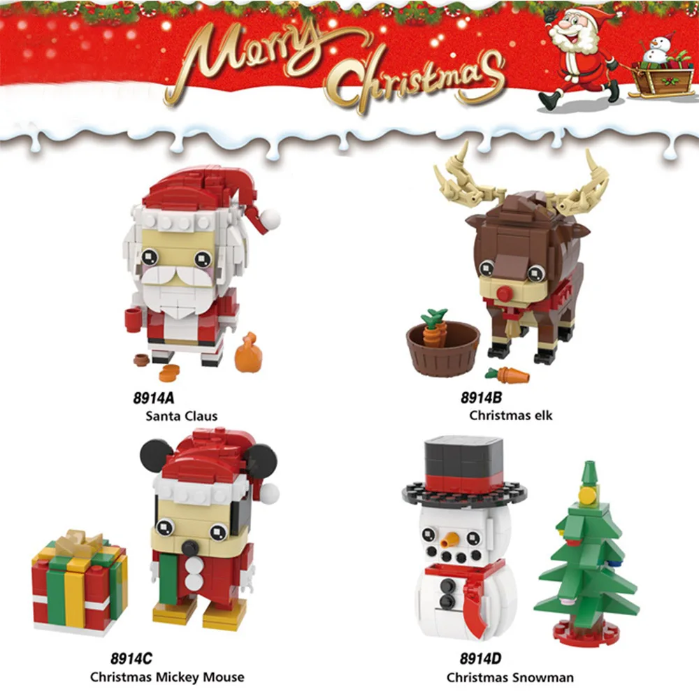 

4Pcs DIY Xmas Christmas Santa Claus Elk Mouse Snowman Tree Mickey Model Building Blocks Toys Christmas Gift for Children