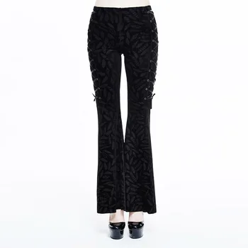

Devil Fashion Women Gothic Dark High Waist Long Trousers with Feather Pattern Velvet Flare Pants