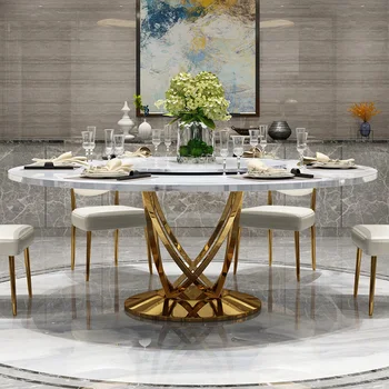 

Marble postmodern light luxury round dining table with turntable home small apartment Nordic dining table combination