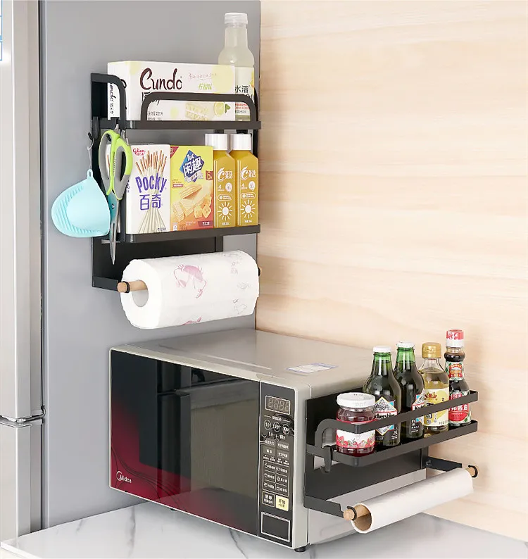 2 ярусная железная Магнитная стойка для холодильника, магнитный Кухонный боковой органайзер для холодильника, инструменты для хранения, полочка для приправ, деревянный держатель