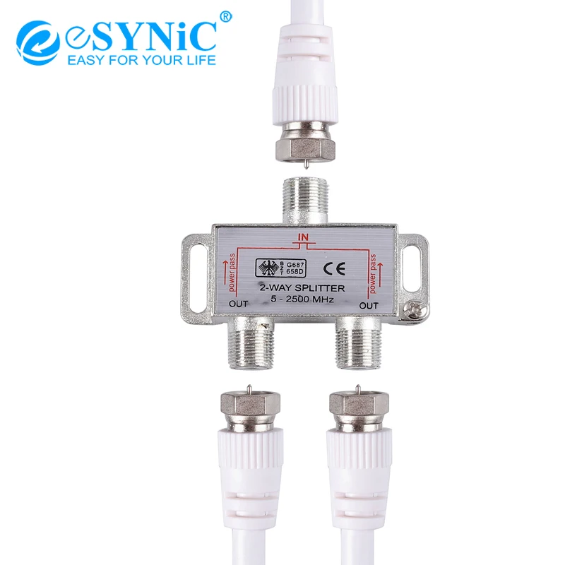 

eSYNiC 2 Pcs 2-Way Coax Cable Splitter 1x2 Bi-Directional MoCA 5-2500MHz Connector Satellite Receiver TV CATV Broadband Splitter