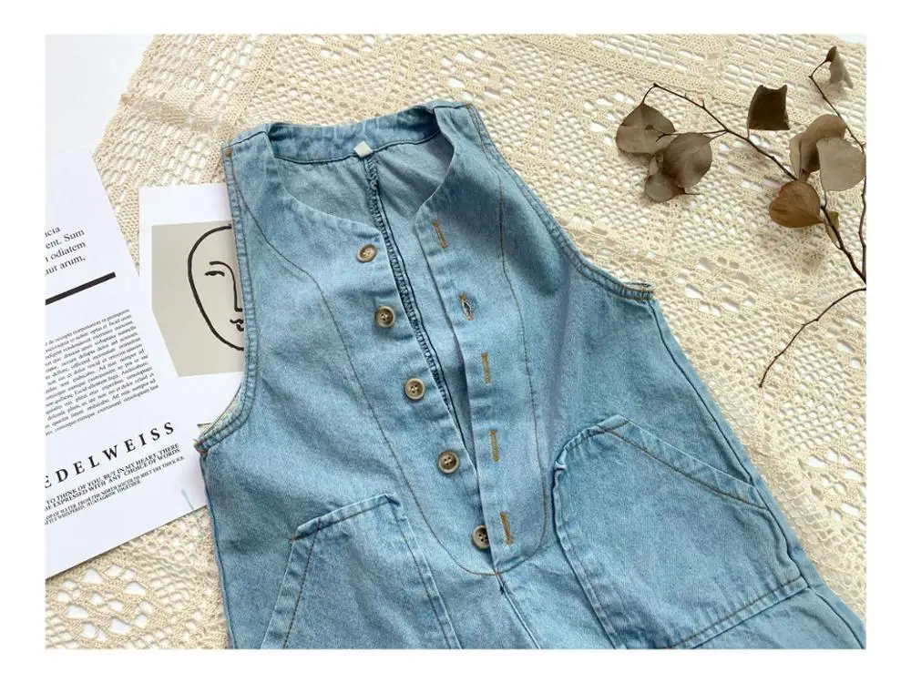 Spring Summer Children Denim Jumpsuits Korean Style Loose Retro Sleeveless Unisex Kids Overalls Soft Casual Pants
