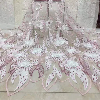 

Luxury sequins lace fabric Pink 3d flower fabric 2019 high quality african tulle lace Sequin fabric for wedding dresses Hot sale