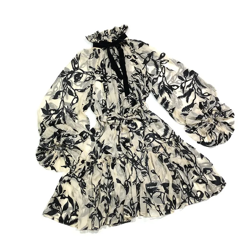 

Top Quality Vintage Silk Dresses2020 Fall Runway Fashion Fashion Long Sleeve Black Jacqured Elegant Classy Dresses For Women