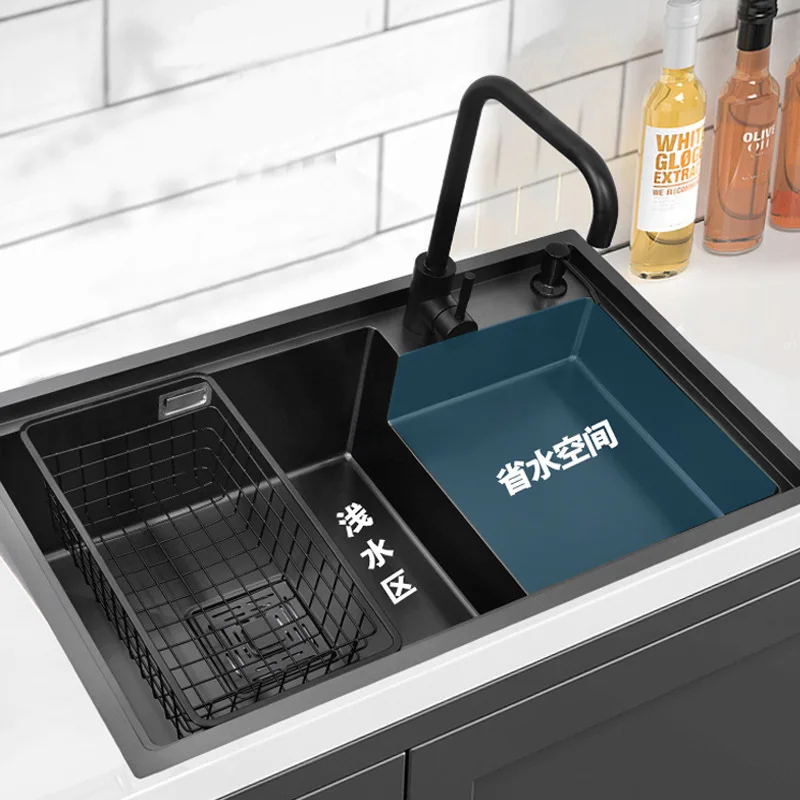 

78*46*23CM Black Nano 304 Stainless Steel Sink Kitchen High and Low Single Basin Hand Large Step Type