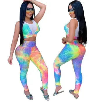 

Tie Dye Sweatsuits Women Sport Set Sexy See Through Mesh Chest Back Crop Top + Long Pants Knitted Stretchy 2 PCS set XS-5XL