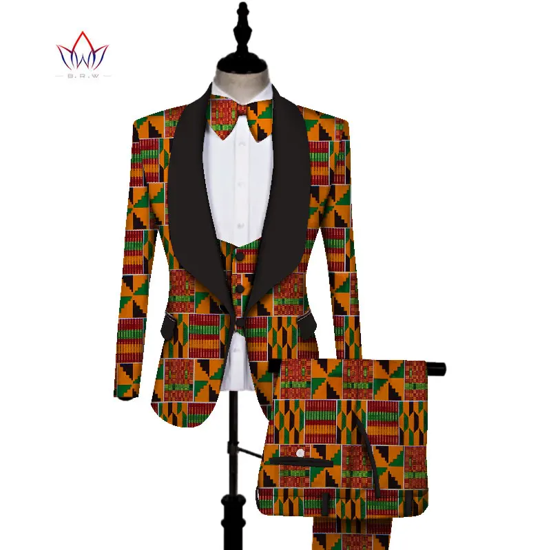Африканский принт 3 предмета мужские комплекты Топ Dashiki и брюки жилет набор Bazin