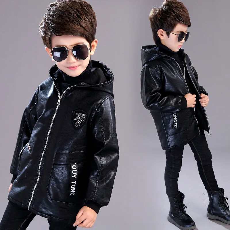 Осенне-зимняя кожаная куртка для мальчиков детская утепленная куртка с капюшоном длинное вельветовое теплое пальто для детей 2 лет - Цвет: 8810 black