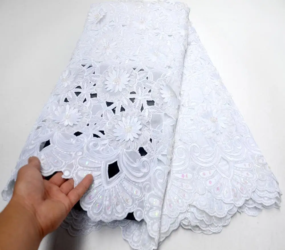 

White Embroidered African Organza Lace Fabrics High Quality African Tulle Lace Fabrics With Beads For Wedding/Party