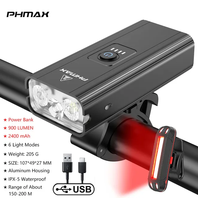 PHMAX Bicycle Flashlight 1500mAh 500 Lumens LED MTB Bike Front Light USB Rechargeable Rainproof Bike Lamp Set Bicycle Headlight QD-3101T