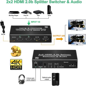 

avedio links HDMI Switch 4k 60Hz HDMI Splitter, 2 Port HDMI Switcher 2 in 2 Out with IR Remote Control ,Support HDR, HDCP 2.2,HD