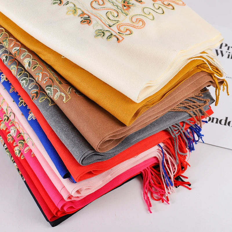 

Winter Cashmere Scarf Women Embroidery Pashmina Shawls Luxury Brand Ladies Warm Thicken Blanket Tassel Scarves Female Foulard