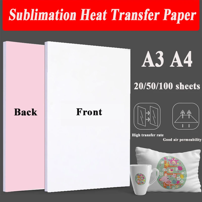Papel de transferencia térmica por sublimación para camisetas de poliéster, tela de cojín, funda de teléfono, diseño de estampado, 20/100 hojas, A4, A3