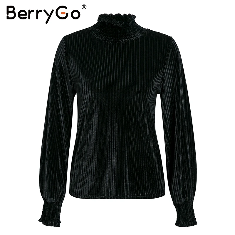 Черный BerryGo, винтажная водолазка, полосатая бархатная блузка, женская мода, рукав-фонарик, Женский Топ, рубашки, Осень-зима, свободная женская рубашка - Цвет: Черный