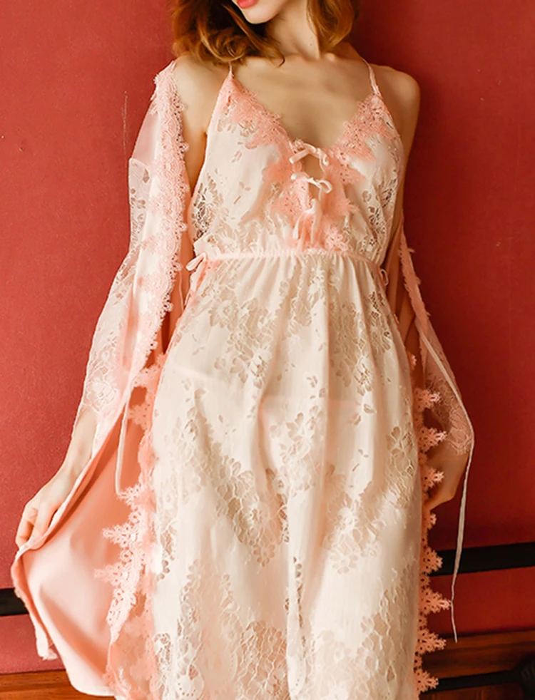 CINOON Sexy Lace Women Sleepwear Sets sleeveless backless Embroidery  Sleepshirt &Robe Adjustable Shoulder Strap Nightdress (13)