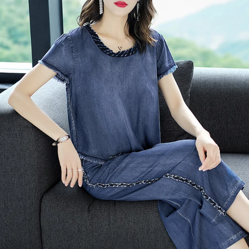 

Ozhouzhan 2018 New Style Fashion Cowboy Two-Piece Set Irregular T-shirt Hem Loose Pants WOMEN'S Suit Summer Fashion