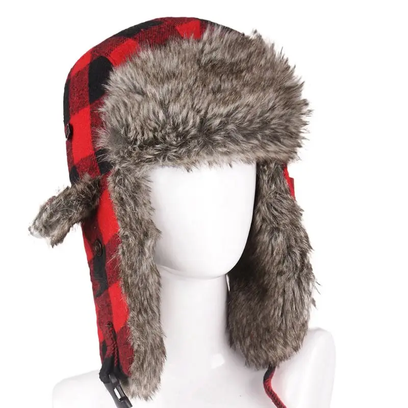 Мужская и женская зимняя теплая шапка-ушанка с клетчатым принтом, теплая плюшевая подкладка, шапка-ушанка с ремешком на подбородке