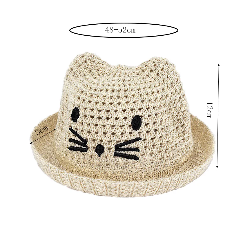 Child Summer Sunscreen Straw Knit Sun Fisherman Hat Boy Girl Imitation Raffia Embroidery Cartoon Cat Breathable Basin Cap R64 2