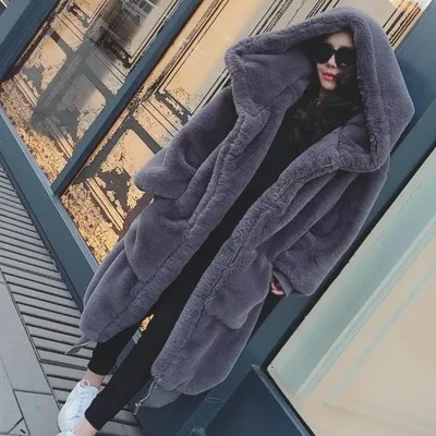 

2019 Faux Rex Rabbit Fur Coat Thick Hooded Pockets Long Faux Fur Outerwear Female Clothes Long Coat Women TAFUR10
