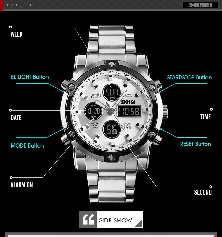 Fashion Men's Wristwatch SKMEI Watch Sport Digital Bracelet 3 Time Countdown Mens Clock Stainless Steel Watches  Male Business