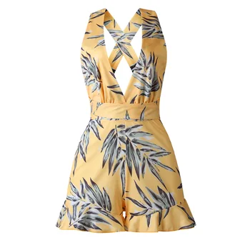 

Women's Printed Sexy Deep V Summer Wrapped Chest Mini Rompers Straps Jumpsuits