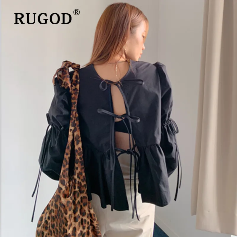 RUGOD ins модная однотонная женская блузка Корейская с пышными рукавами открытой