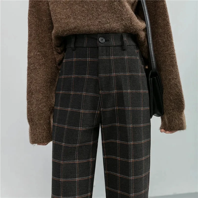 

Autumn Women High Waist Plaid Pencil Pants Woolen Straight Trousers Slouchy Loose England Style Ankle-length Pant Pocket Classic
