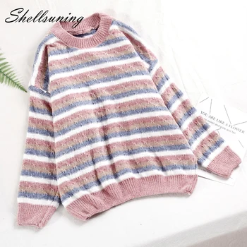 

Shellsuning Chenille Loose Soft Knitted Women O Neck Sweater Autumn Winter Patchwork Color New Pink Khaki Streetwear Jumper Tops