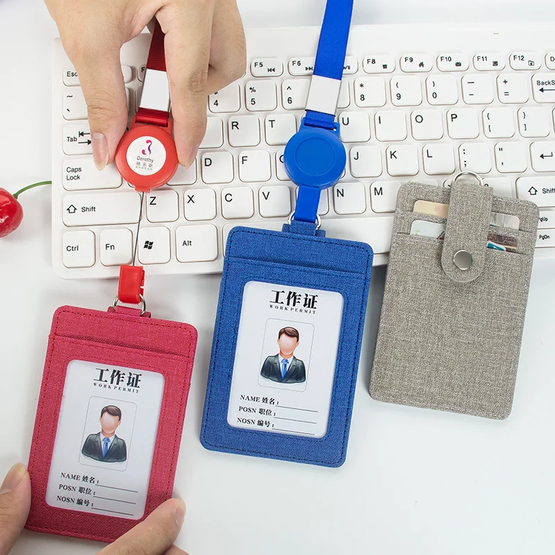 1PCS PU leather ID ID holder, easy to pull lanyard, with 1 ID window, 3 card slots and heavy-duty retractable lanyard