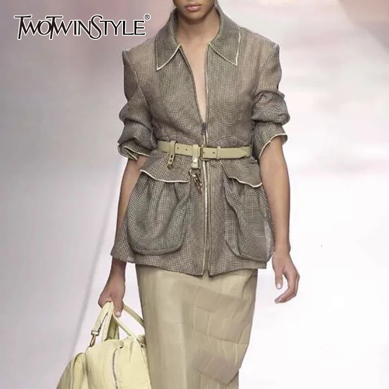 remarkable  TWOTWINSTYLE Streetwear Plus Size Long Sleeve Belt Waisted Army Green Large Pocket Coats And Jacket