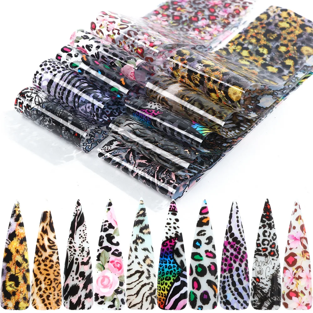 

10pcs/set Snake Print Nail Foils Leopard Wild Animal Skin Transfer Sticker Sexy Slider Starry Sky Gel Polish Wrap Decoration