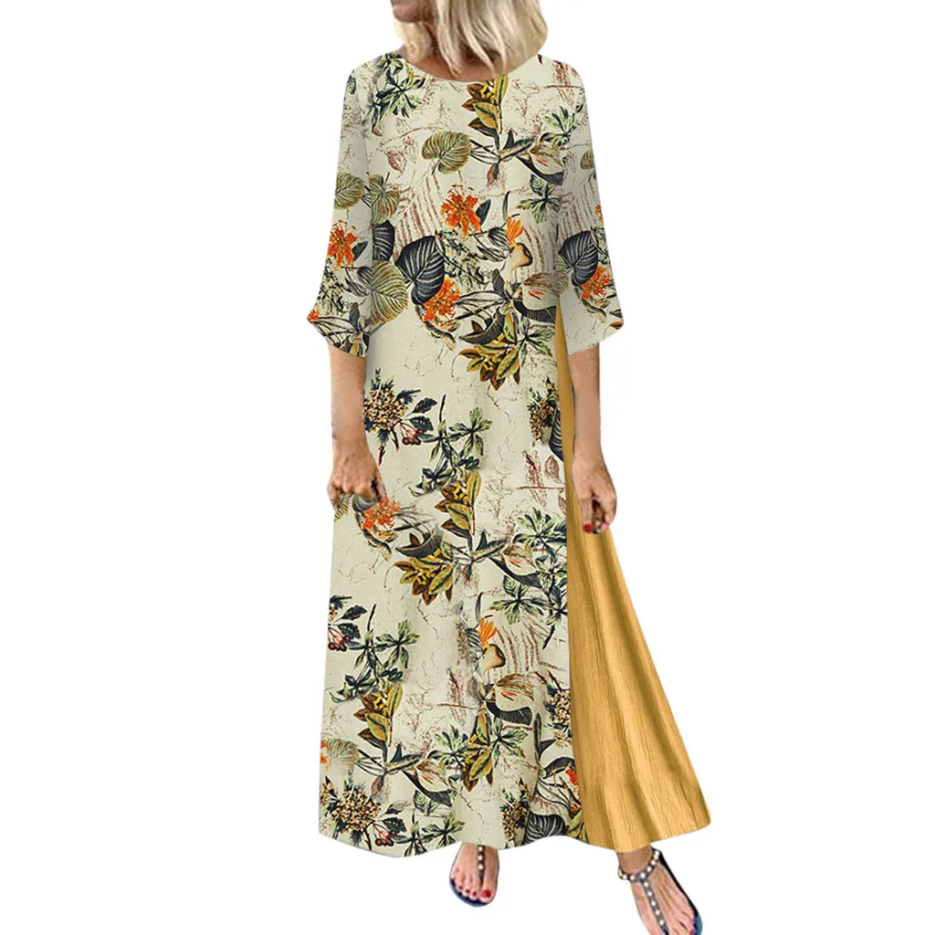 Зимнее женское платье макси размера плюс, винтажное длинное платье с цветочным принтом, женские свободные повседневные платья с длинным рукавом, элегантное платье - Цвет: Цвет: желтый